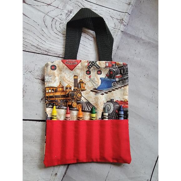 Train Crayon Holder coloring tote bag Handmade Childrens Bag - Picture 1 of 8